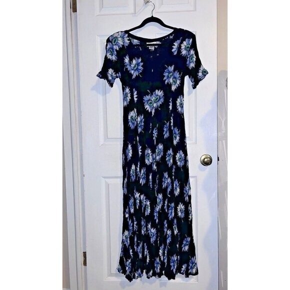 Vintage 90S AMERICAN ANGEL Navy Floral Crinkle Maxi Dress Goth Cottagecore - Picture 1 of 11